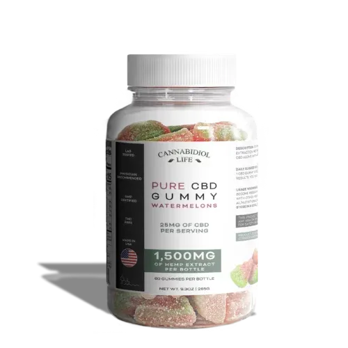 Cannabidiol life cbd watermelon gummies 60-count with a total of 1,500mg per bottle.