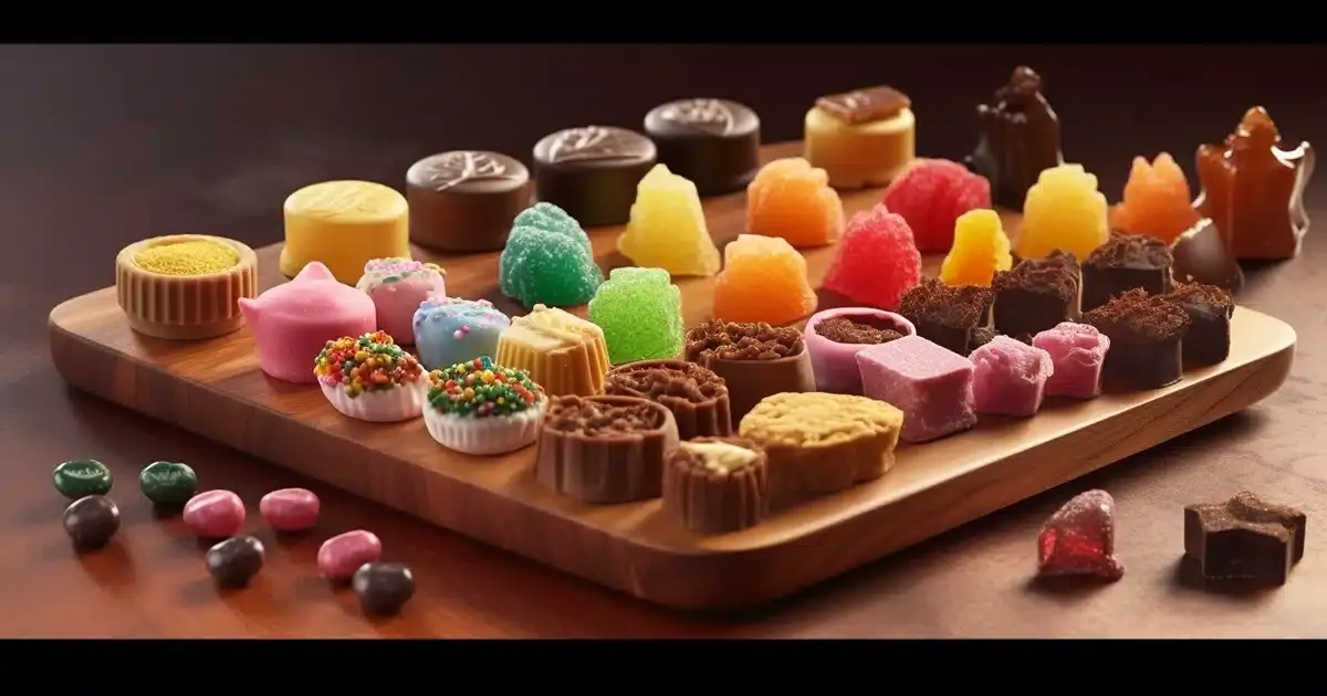 An array of diverse candy cannabis edibles varying in color, size, and texture, symbolizing the broad range of edible cannabis products available in the market. Each edible is intricately detailed, highlighting the rich chocolate in baked goods and the glossy texture and translucency characteristic of thc gummies.