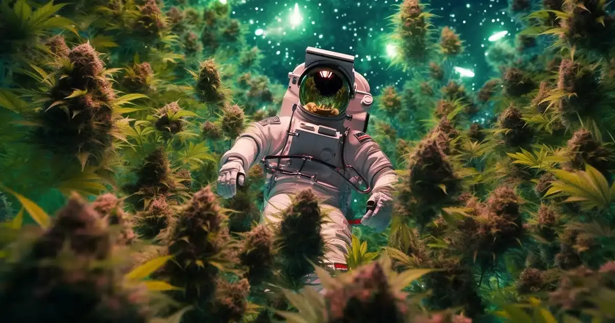 An astronaut suspended in space, surrounded not by stars, but a constellation of 3d marijuana leaves. The astronaut appears bewildered, clutching a traditional map and compass, symbols of terrestrial navigation, comically out of place amidst the cosmic expanse. This unusual scenario metaphorically represents an explorer lost in the vast cosmos of an edible experience, navigating a trip into the unfamiliar.