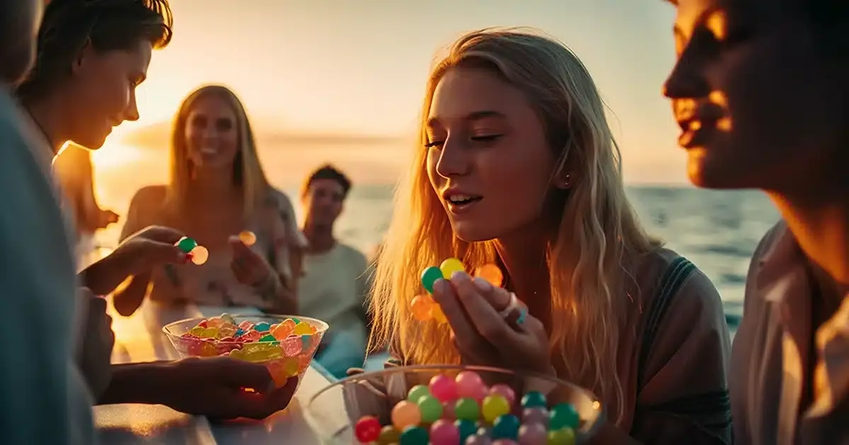 Blonde surfer is a little high with her eyes closed eating thc gummies on a boat by thcgummies. Com.