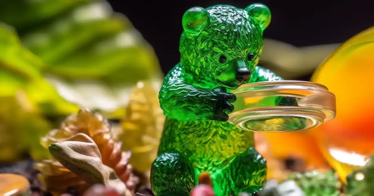 A vibrant gummy bear character studying a tiny cannabis leaf with a miniature magnifying glass. The gummy bear, with its textured and glossy surface, is portrayed with human - like curiosity and focus, providing a whimsical element to the scene.