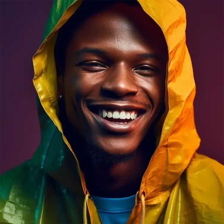 A young man of african decent is in a great mood, has a very contagious smile, and is wearing a colorful jacket.
