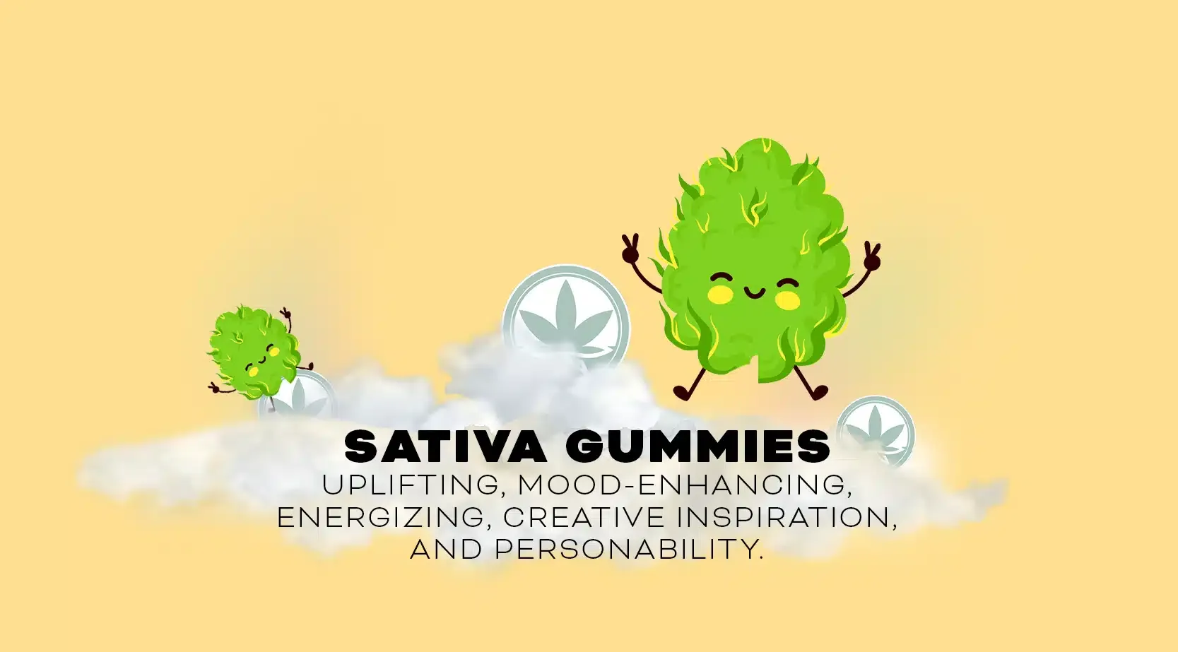 Sativa gummies in the clouds with benefits listed as 'uplifting, mood-enhancing, energizing, creative inspiration, and personability'.
