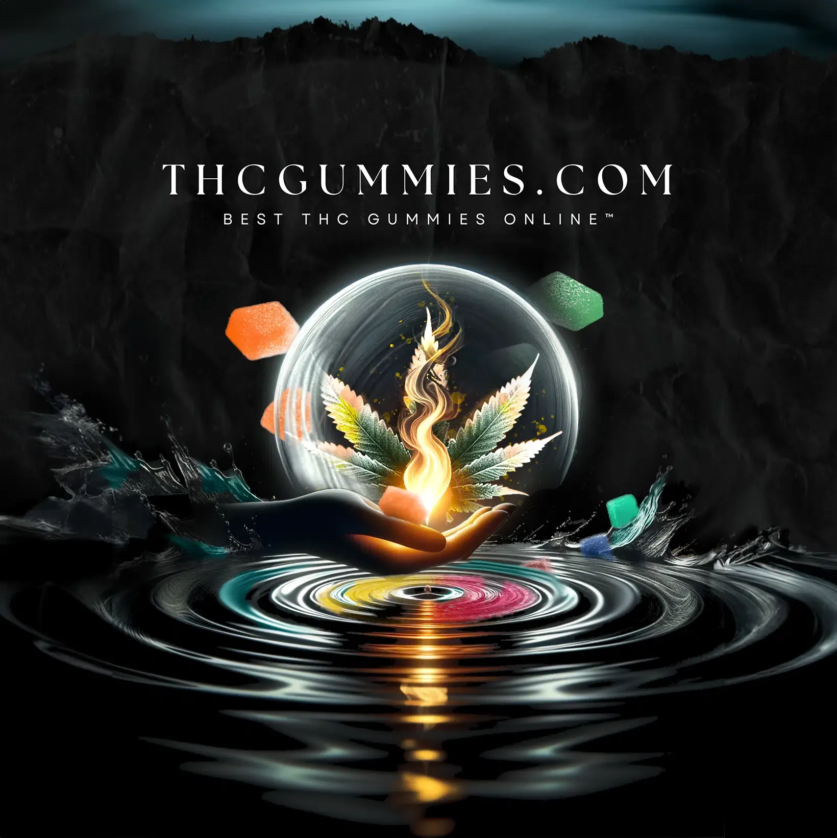 The image shows a combination of elements that conveys the theme of enlightenment and knowledge in the realm of cannabis. The image with its vivid flame, the ripples, and the cannabis leaf, the glowing orb, along with the cannabis gummies, creates a striking visual metaphor. The slogan "Igniting Ripples of Cannabis Wisdom" with the title, 'THCGummies.com', and the trademark, 'Best THC Gummies Online™' complements the imagery with a powerful message.