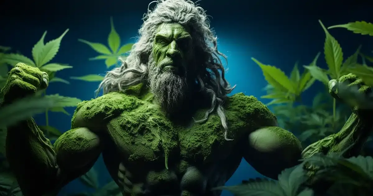 Realistic image of an anthropomorphic cannabis plant flexing its muscles. The muscular cannabis plant character is a surreal interpretation, showcasing 'muscles' on its green stems and leaves, personifying strength and vitality.