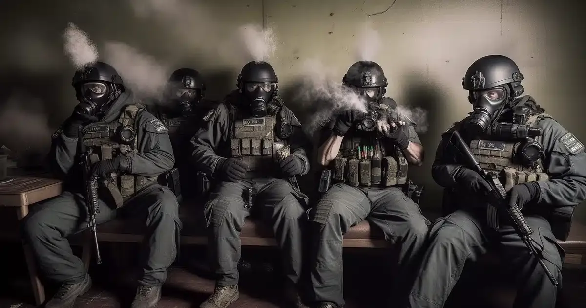 Swat team smoking cannabis with gas mask by thcgummies. Com.