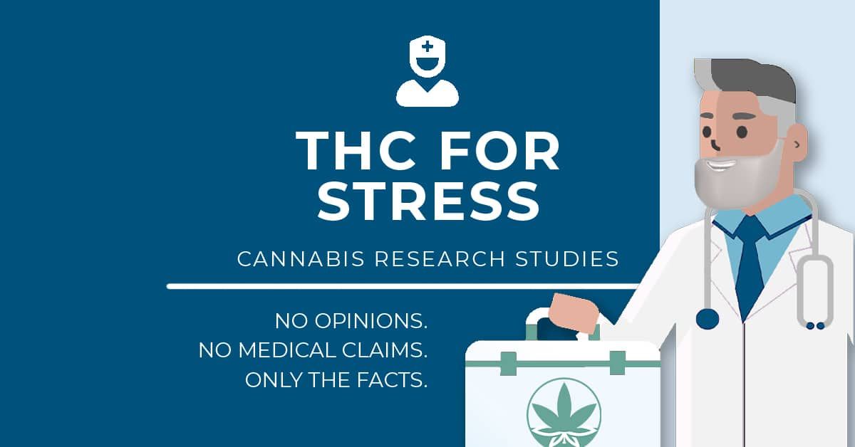 The words 'THC For Stress' are displayed on a blue medical billboard next to a doctor in a white lab coat holding a cannabis briefcase.