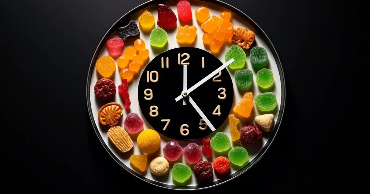 An unconventional clock face, surrounded by cannabis edible candy, uniquely illustrates the duration of an 'edible high. ' gummies, brownies, cookies, and other infused treats are meticulously arranged in the circular formation around the clock.