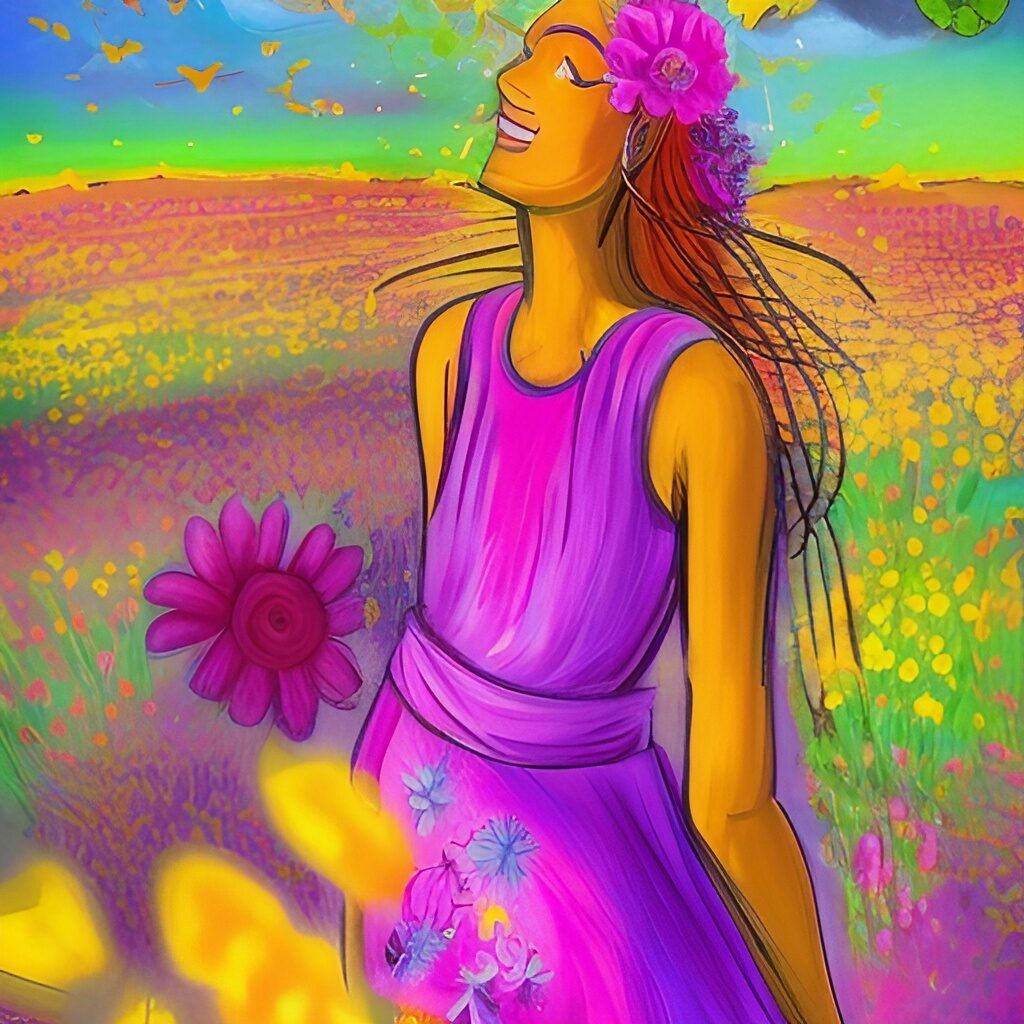 Euphoric painting of a woman in a field of brightly colored flowers.