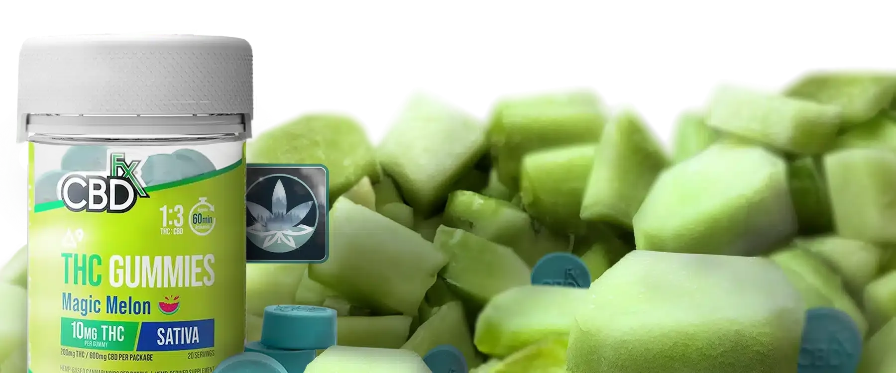 A bottle of CBDFX Magic Melon gummies with a few in bulk scattered in between 20 or more pieces of real honeydew melon.
