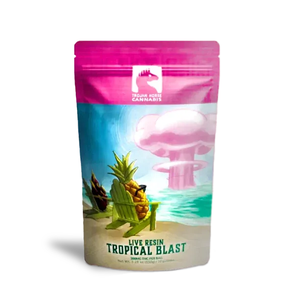 One 10-pack of trojan horse cannabis live resin tropical blast delta 9 gummies on a white background.