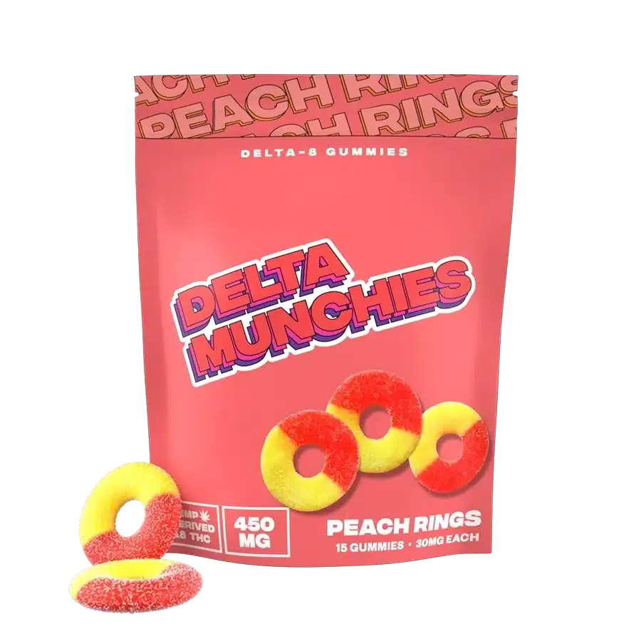 Thc peach ring gummies infused with delta-8 thc in bright pink packaging and made by delta munchies.