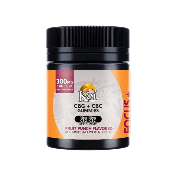 One black bottle of koi cbg gummies with an orange colored label.
