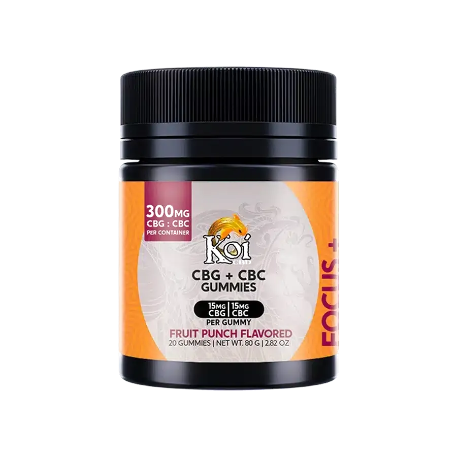 One black bottle of koi cbg gummies with an orange colored label.