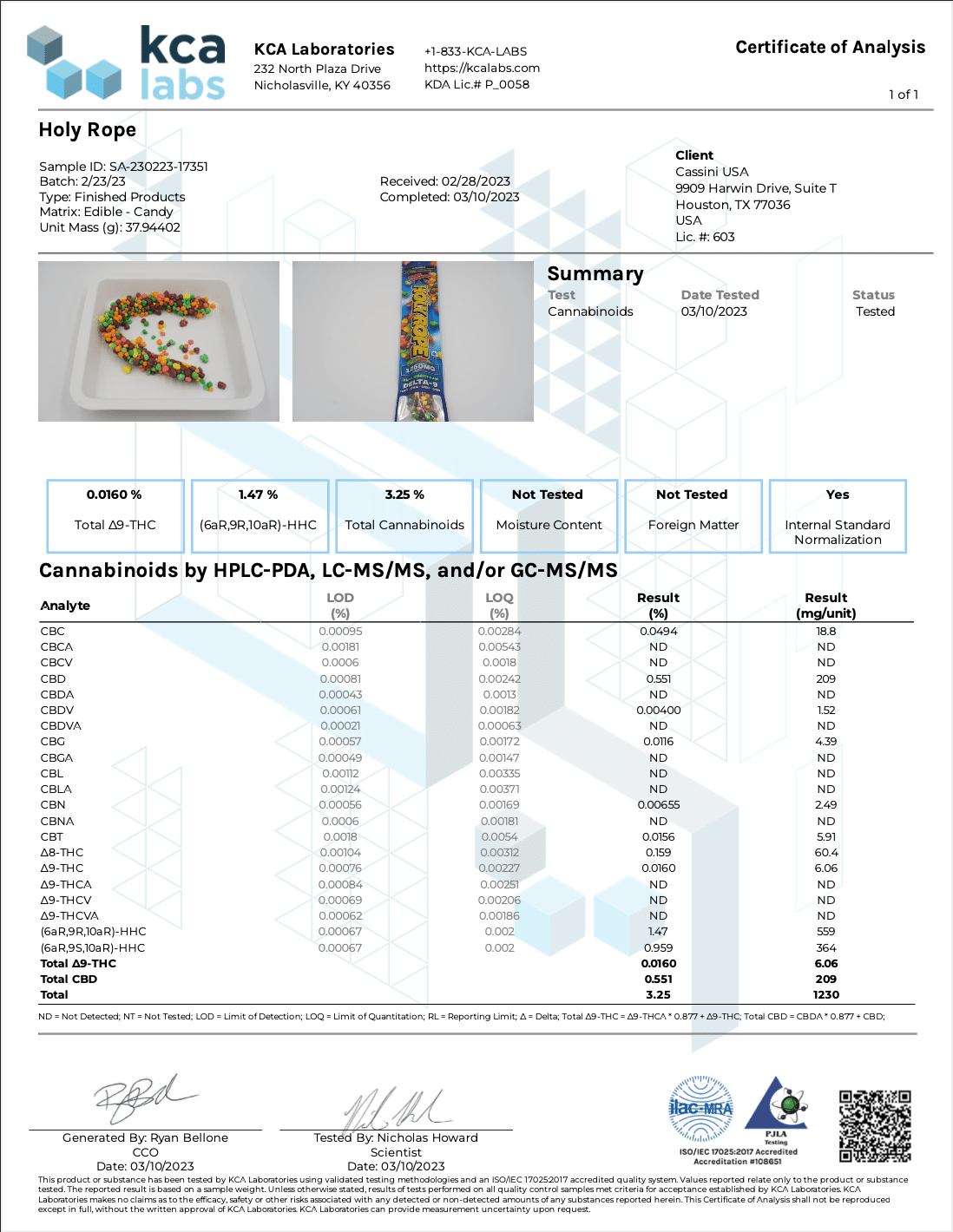 Third party lab test results for delta 9 thc nerd rope edible gummy conducted in 2023 by an fda-approved laboratory for cannabinoid testing and certification.