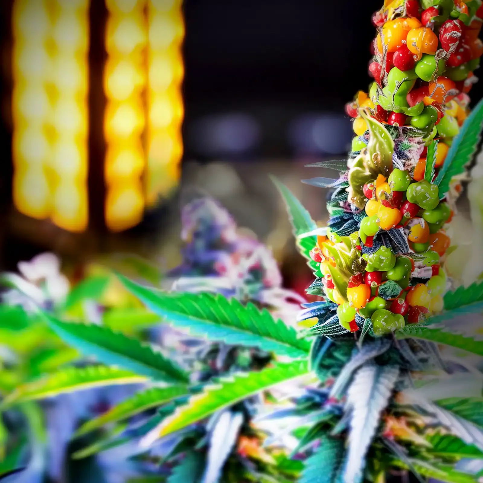 A nerd rope cannabis edible gummy is growing out of a marijuana plant with grow lights in the background.