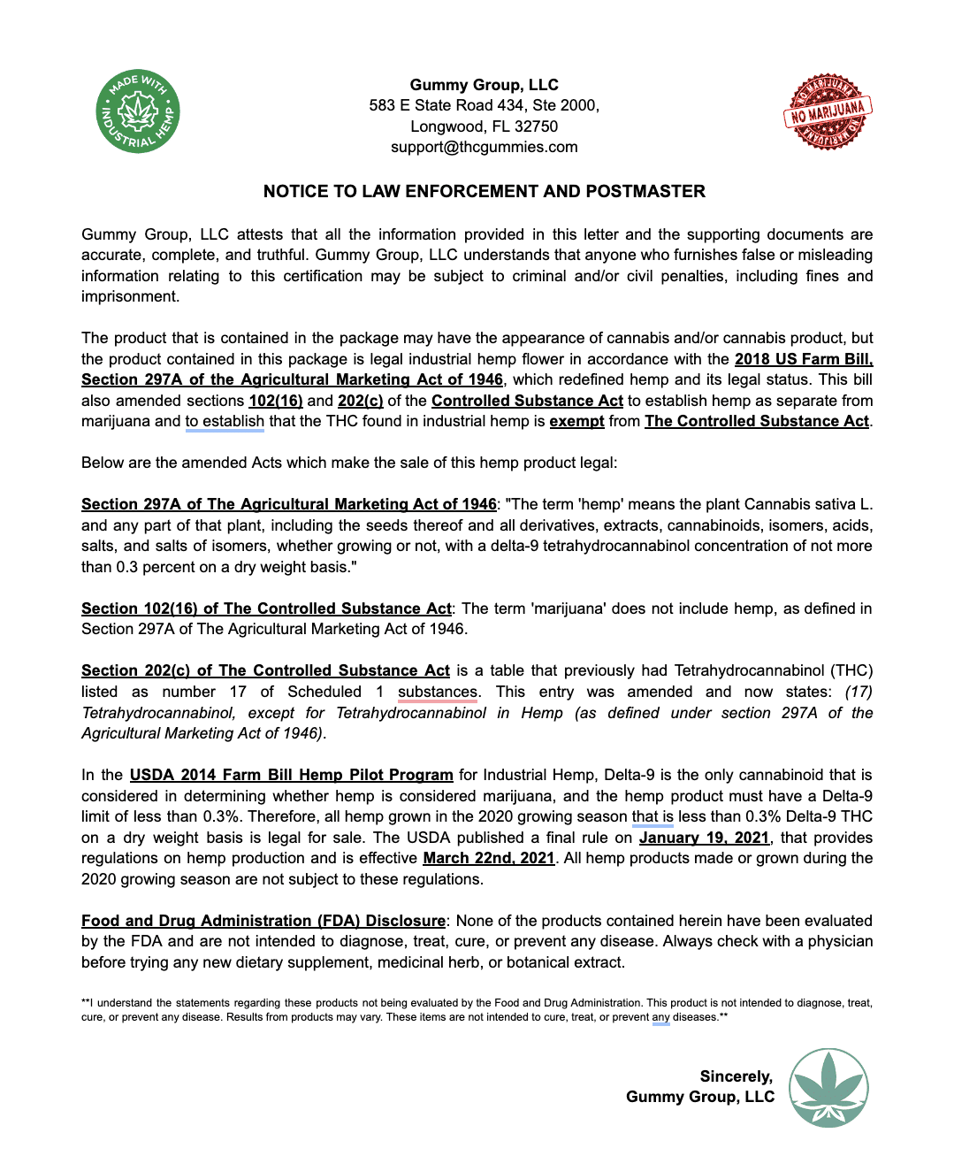 A document for law enforcement officers and postmasters that share several acts and bills that have been signed and passed by the federal government of the united states. This document clarifies any potential misunderstanding of the federal legal status of hemp-derived edibles gummies.