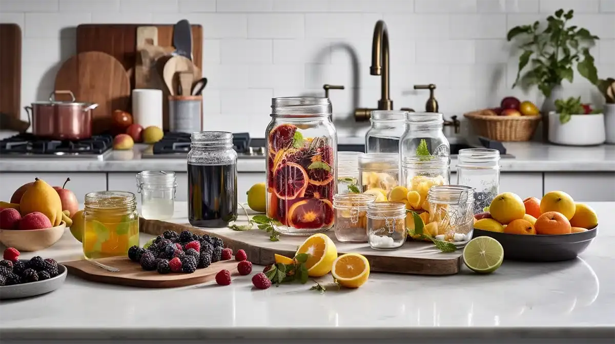 Visually stunning organic ingredients on a marble white counter top in a elegant white kitchen; fresh fruits, natural juices, and healthy plants are all on display.
