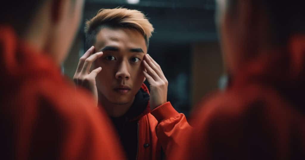 A chinese man with blonde dyed hair looks at his eyes in the mirror and wearing a red jacket.