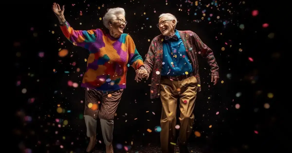 A very happy old couple are holding hands, laughing, and dancing in outer space. The pitch black background and star-studded backdrop offers a captivating scene as multi-colored cannabis gummies float all around them.