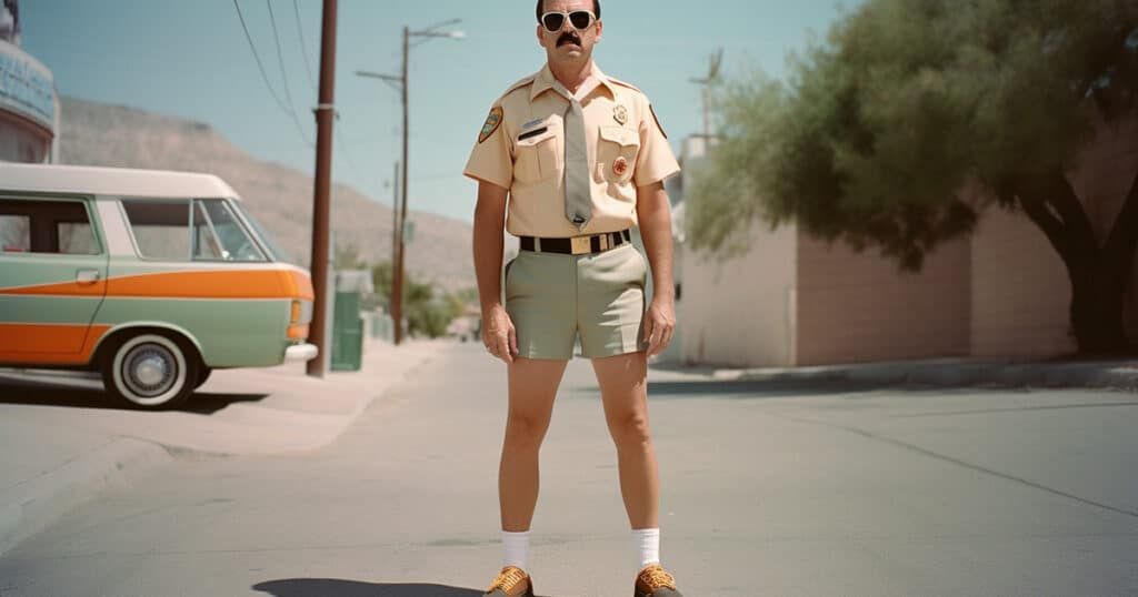 Mustache reno 911 cop tan uniform short shorts 1 by thcgummies. Com.