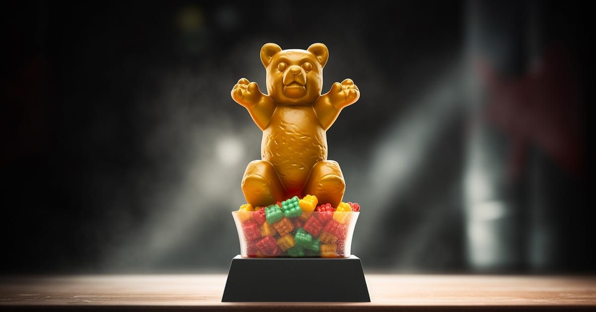 Translucent cannabis-infused gummy bear standing on a winners podium with its arms raised in the air signifying triumph!