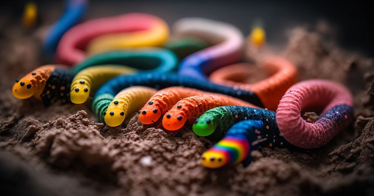 Weed gummy worms faces squirming in dirt by thcgummies. Com.