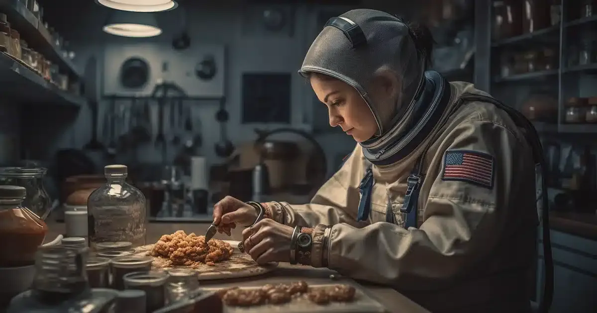 An astronaut in her home wearing a full space suit prepares for a wild ride.