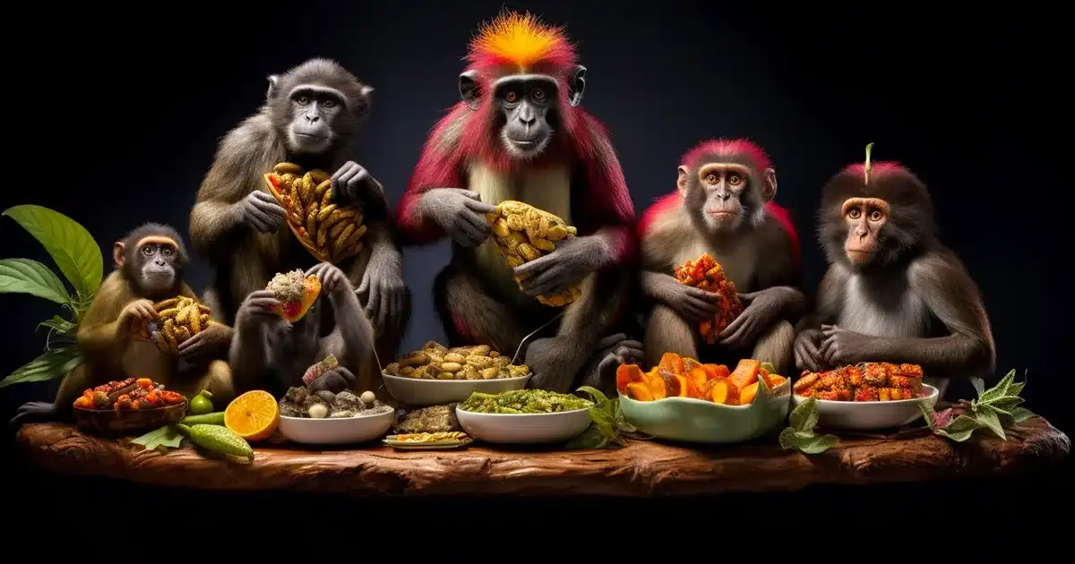 A hysterical tableau of a family of cannabis edible loving monkeys, humorously engrossed in learning the answers to the frequently asked questions about live resin and rosin-infused thc gummies. Each monkey appears to concentrate on a selection of differently shaped and colored edibles laid out before them while listening intently to the speaker.