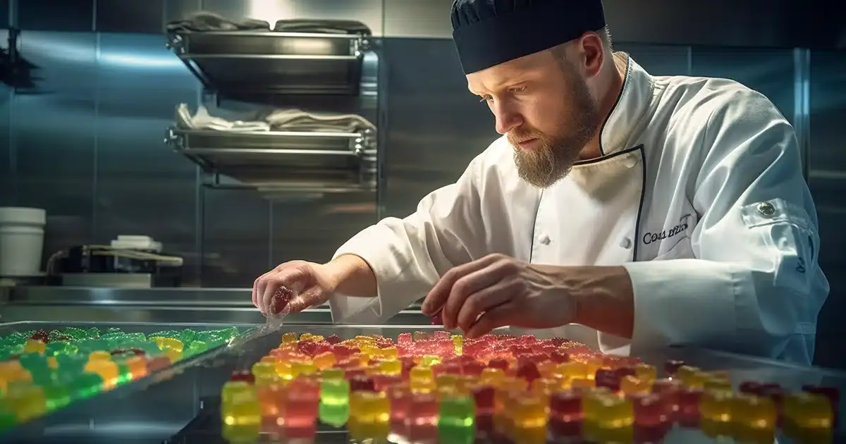 An experienced chef critically scrutinizing a tray of live resin and live rosin-infused thc gummy bears in a well-lit, professional kitchen. The image captures the chef's focused expression as he examines each cannabis gummy for consistency, color, thc potency, texture, and shape. The tray of vibrant gummies contrast strikingly with the stainless - steel countertop, while the ambient kitchen lighting accentuates the meticulous craftsmanship and quality of the cannabis - infused candies. In the background, the bustling kitchen scene is softly blurred, placing the emphasis on the chef and his focused examination.