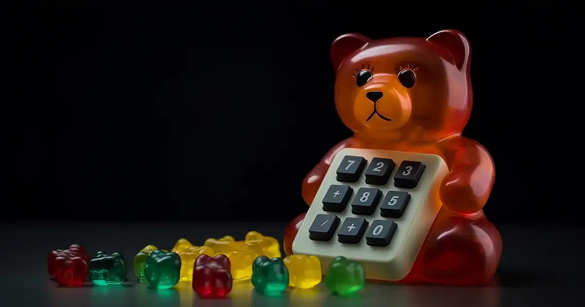 A red translucent edible gummy bear calculates the risk of eating expired edibles.