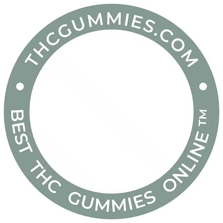 The outside of the thcgummies. Com logo that spins around the logo with the words 'thcgummies. Com - best thc gummies online™' in white letters on a pastel green background.