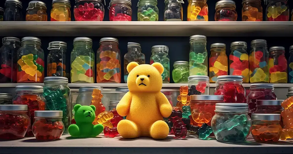 A fully stocked pantry from top to bottom, full of thc gummies in all shapes, sizes, and colors.