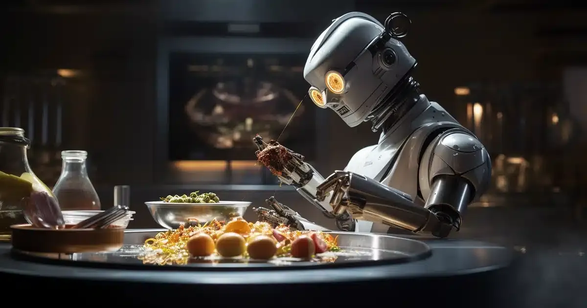 A robot chef carefully adding a drop of cannabis oil to a batch of futuristic edibles, with a mischievous wink.