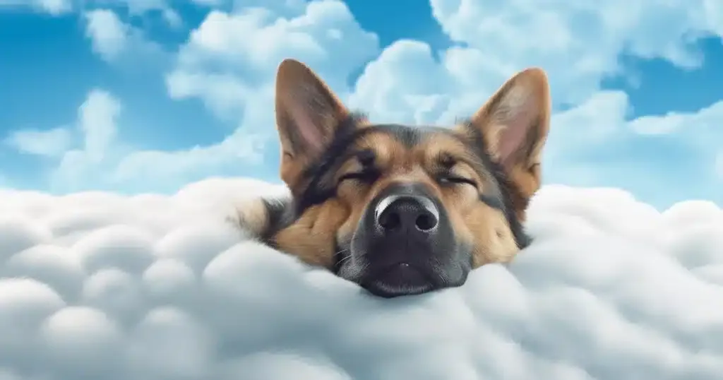 A german shepherd blissfully daydreaming about thc gummies with its eyes closed and a serene expression on its face as it floats in the clouds.