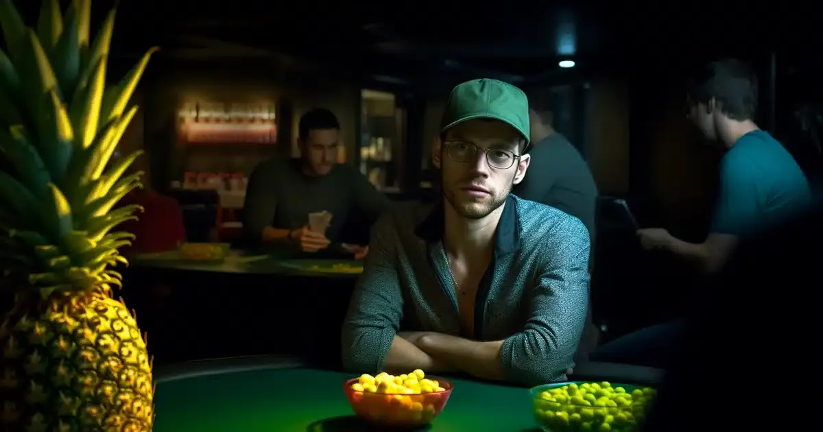 A man nonchalantly consuming a pineapple-flavored, live resin thc gummy at a high-stakes poker table. Amid the intense stares of opponents and a mound of chips at stake, the man's casual demeanor stands out. The composition emphasizes the gummy's vibrant color against the green poker table, creating a stark contrast. The overhead, dim lighting of the poker room glints off the glossy gummy, enhancing its appeal while highlighting the man's confident expression and the anticipation in the room. This high-resolution image fuses an intriguing mixture of relaxation and tension, resulting in a compelling narrative that shows the reader there is always time to eat a live resin gummy, no matter what the circumstances are.