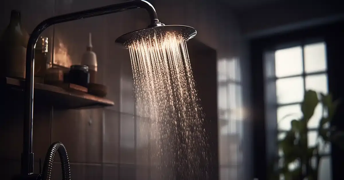 A very inviting warm shower with a waterfall shower head.