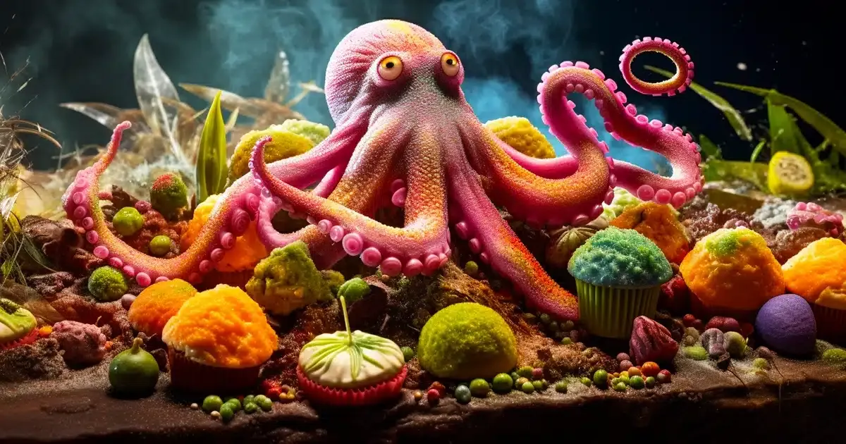 A hyperrealistic, whimsical photograph of an octopus skillfully juggling a variety of Live Resin and Live Rosin infused THC gummies and cannabis-infused baked goods. Each edible is distinctively shaped and colored, providing a stark contrast against the octopus' shifting hues. The composition frames the octopus centrally against a vibrant coral reef backdrop, with the brightly colored cannabis edibles suspended in the water, mid - juggle. The diffused sunlight streaming through the water's surface illuminates the scene, emphasizing the octopus' graceful movements and the glossy textures of the edibles.