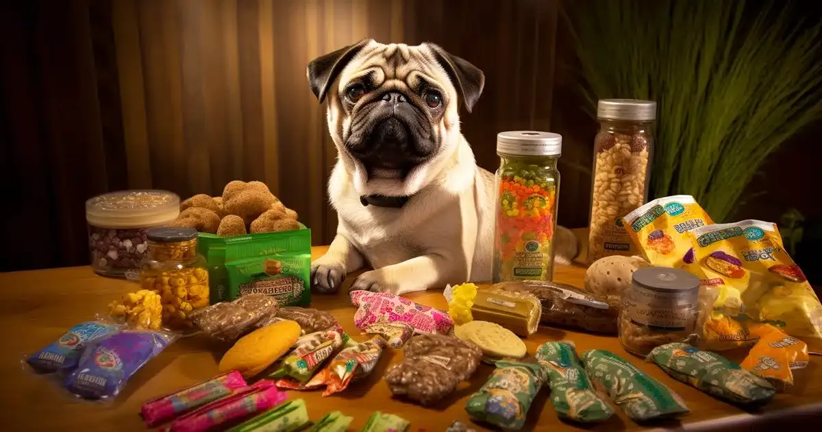 An inquisitive pug meticulously examinse an array of live resin and live rosin thc edibles displayed on a sleek, shiny desk. This humorous and detailed scene highlights the pug's expressive, wide-eyed curiosity as it sniffs and paws at the colorful edibles, each shaped like various recognizable icons and wrapped in glossy packaging.