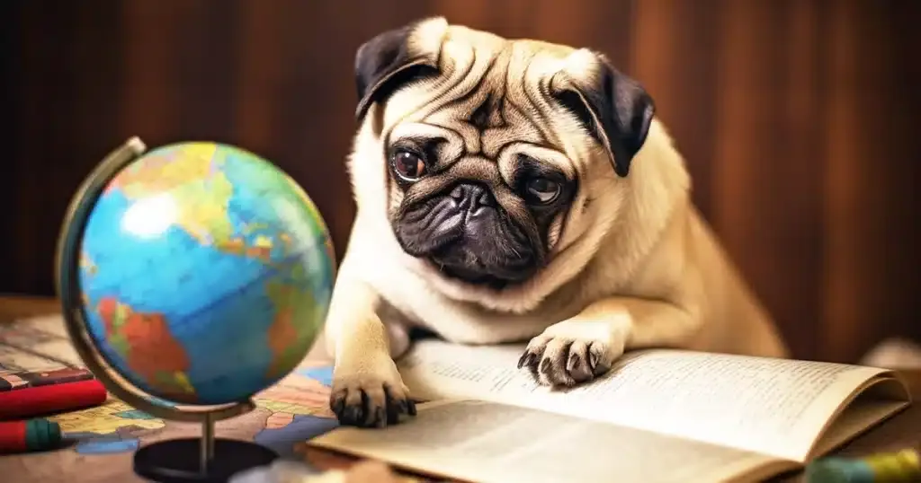 A confused pug sits at a desk next to a globe, fixated on a 'canine cannabis detection' guidebook opened in front of it. The pug, with its characteristic wrinkled face and big, round eyes, embodies a look of bafflement, as if pondering over the faqs of the guidebook.