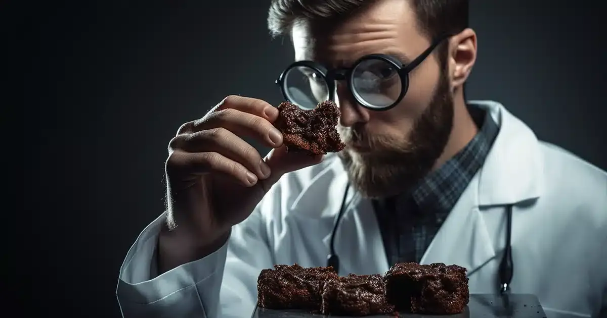 A perplexed scientist wearing a lab coat and holding a magnifying glass, examining a plate of cannabis-infused brownies.