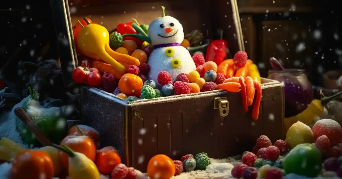 An ultra-realistic photograph humorously captures a crafted snowman dutifully safeguarding a treasure chest filled with a dazzling array of live resin and rosin gummy fruits in a freezer. The composition places the snowman and the chest at the center, with the freezer's icy walls and shelves framing the scene. The freezer's internal light illuminates the snowman's proud posture and the bright colors of the gummies, creating a stark contrast with the icy blue surroundings. This high-resolution image weaves a playful narrative within an unexpected setting, sparking the viewer's curiosity and evoking the fun side of everyday life.
