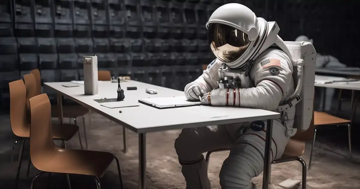 A satirical photo of an astronaut in a space suit taking notes on how to avoid getting too high from edibles.