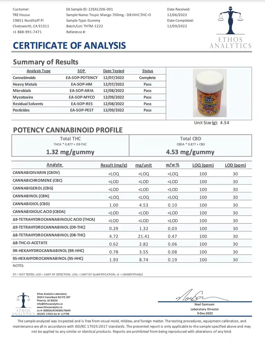 Third party lab test results for tre house tropic mango thc blend gummies conducted in 2023 by an FDA-approved laboratory for cannabinoid testing and certification.