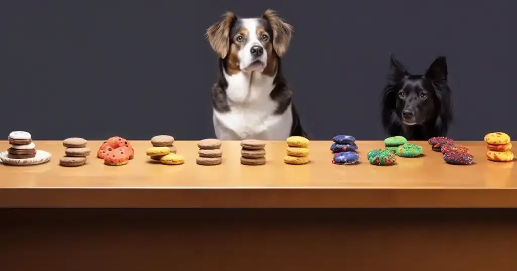 An amusing scene of various edibles in a straight line with two keen-eyed border collie's inspecting each one, much like a detective at a police identity parade. The edibles, ranging from gummy bears to chocolate chip cookies, are neatly arranged on a long table, each casting its own unique, colorful, and tempting image. The border collie, with its intense gaze and poised stance, adds a humorous touch to the narrative as it scrutinizes each edible with a discerning nose.