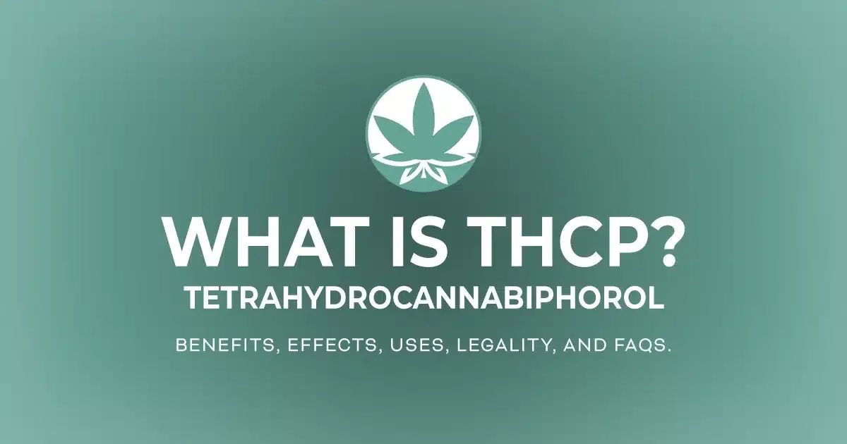The words 'What is THCP? The benefits, effects, uses, legality, and FAQs' are in white letters on a gradient green background next to the THCGummies.com logo.