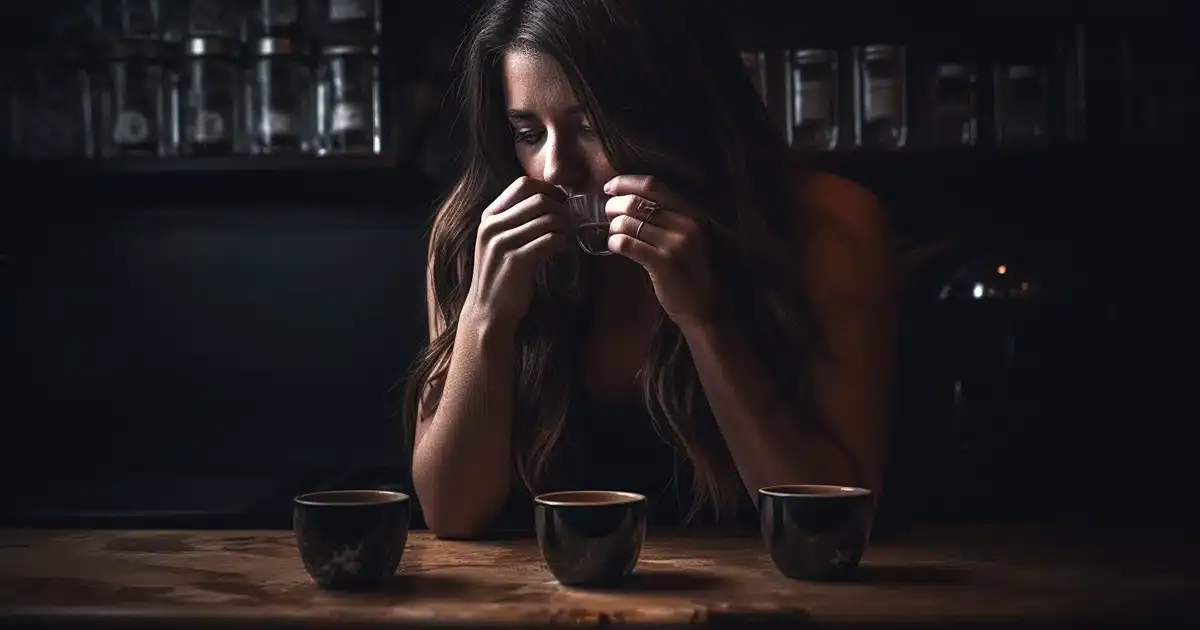 A woman sits at a coffee shop staring at little espresso cups.
