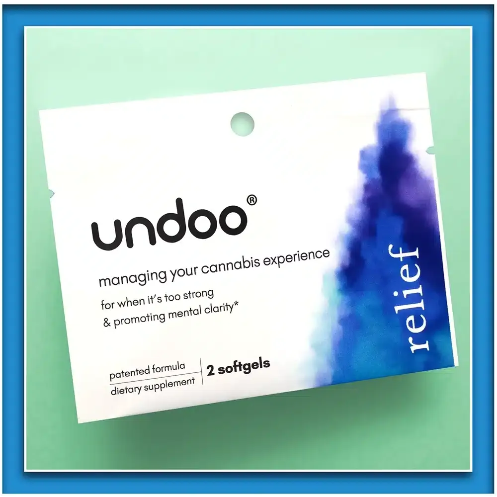1 pack of undoo relief softgels on a teal background with a blue border.