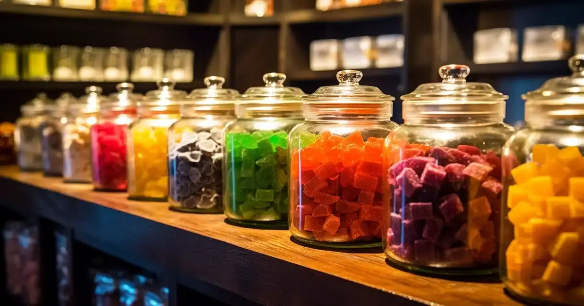An array of colorful thc edible gummies in glass, airtight mason jars on a wooden shelf.