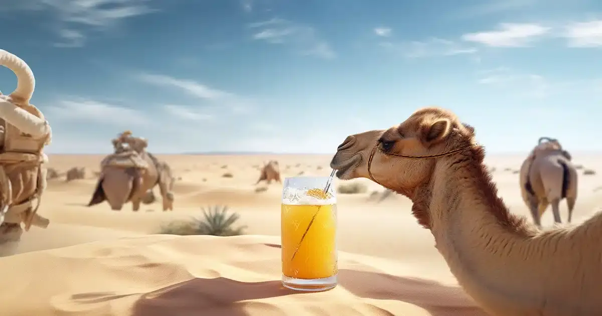 Camel with cottonmouth drinks lemonade in the desert by thcgummies. Com.